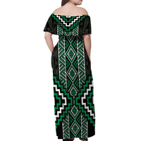 Jade Tukutuku Pattern Aotearoa Off Shoulder Maxi Dress Niho Taniwha and Puhoro Motifs LT7 - Polynesian Pride
