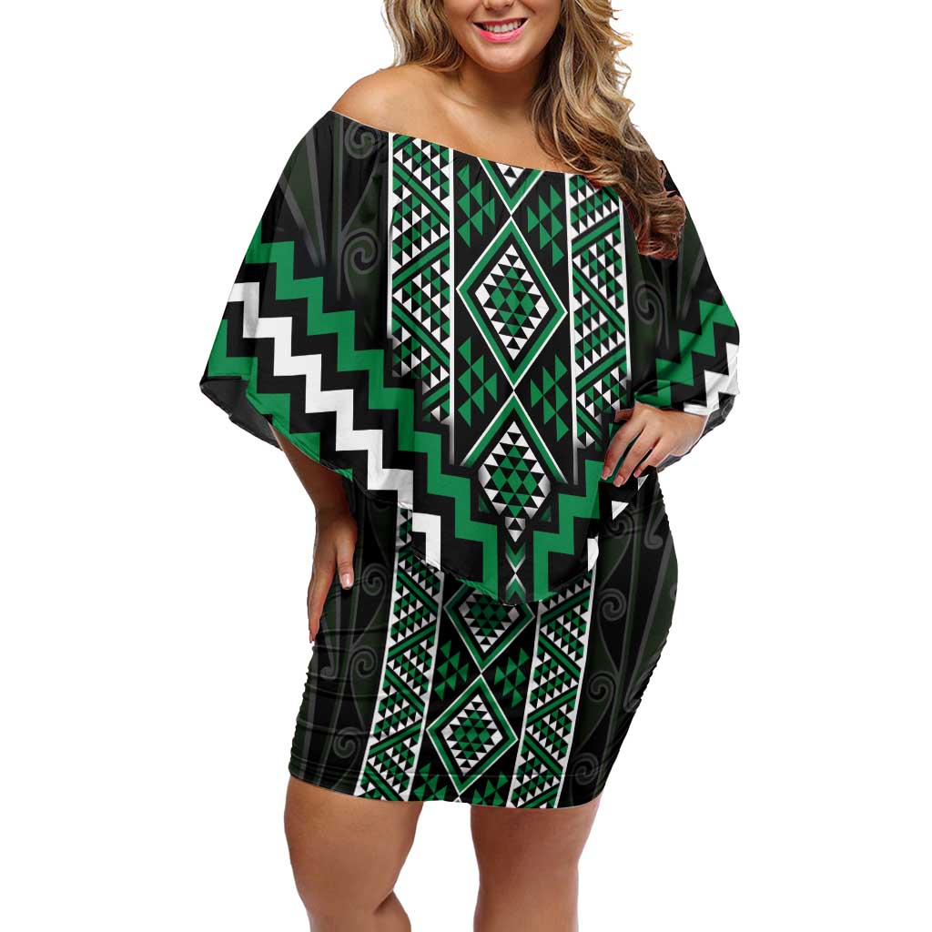 Jade Tukutuku Pattern Aotearoa Off Shoulder Short Dress Niho Taniwha and Puhoro Motifs LT7 Women Green - Polynesian Pride