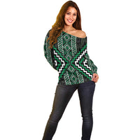 Jade Tukutuku Pattern Aotearoa Off Shoulder Sweater Niho Taniwha and Puhoro Motifs