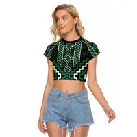 Jade Tukutuku Pattern Aotearoa Raglan Cropped T Shirt Niho Taniwha and Puhoro Motifs