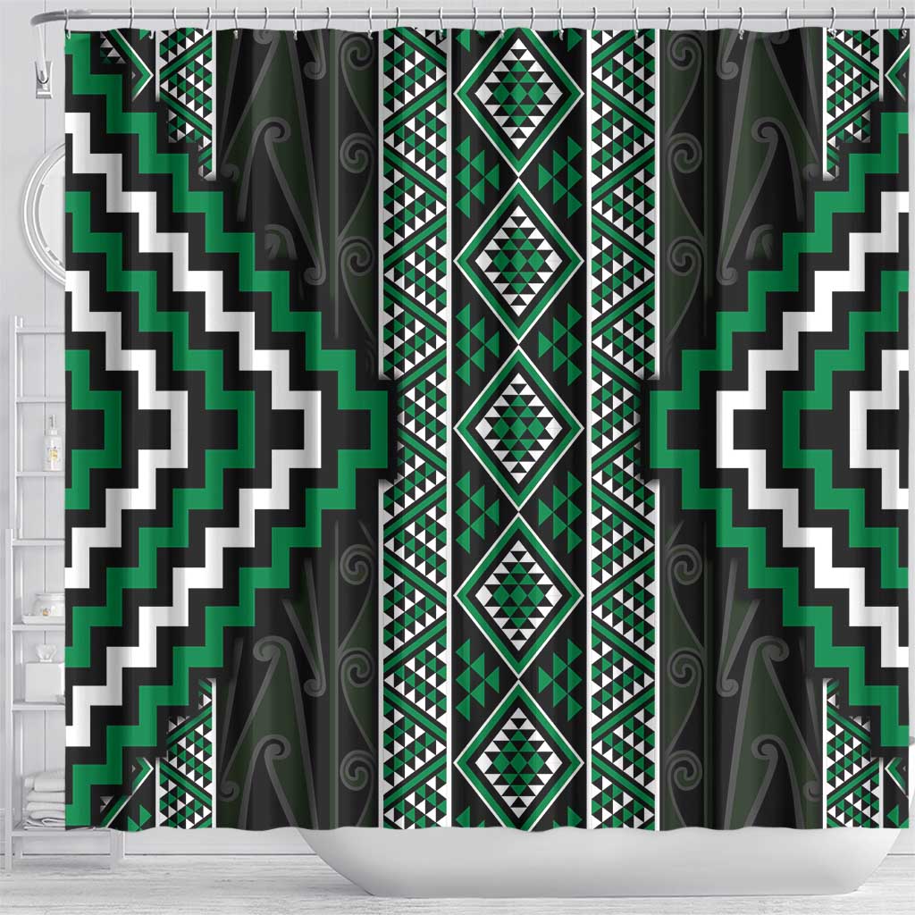 Jade Tukutuku Pattern Aotearoa Shower Curtain Niho Taniwha and Puhoro Motifs