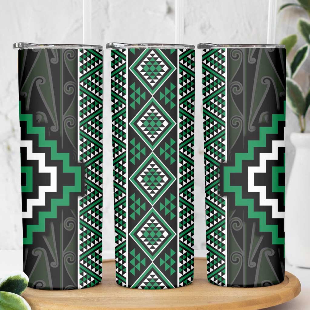 Jade Tukutuku Pattern Aotearoa Skinny Tumbler Niho Taniwha and Puhoro Motifs