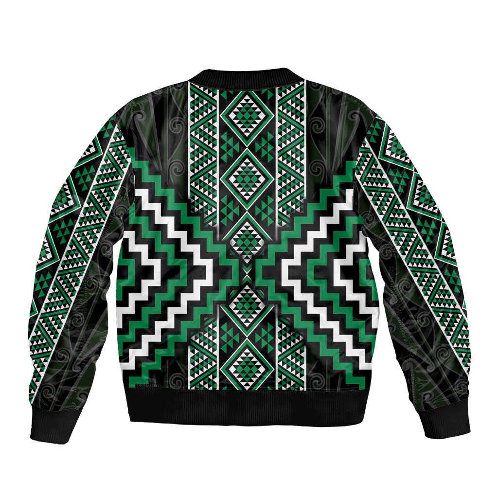 Jade Tukutuku Pattern Aotearoa Sleeve Zip Bomber Jacket Niho Taniwha and Puhoro Motifs
