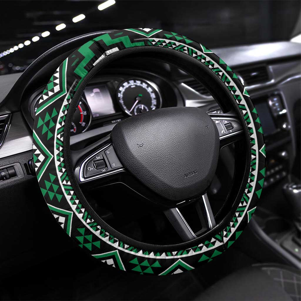 Jade Tukutuku Pattern Aotearoa Steering Wheel Cover Niho Taniwha and Puhoro Motifs LT7 Universal Fit Green - Polynesian Pride
