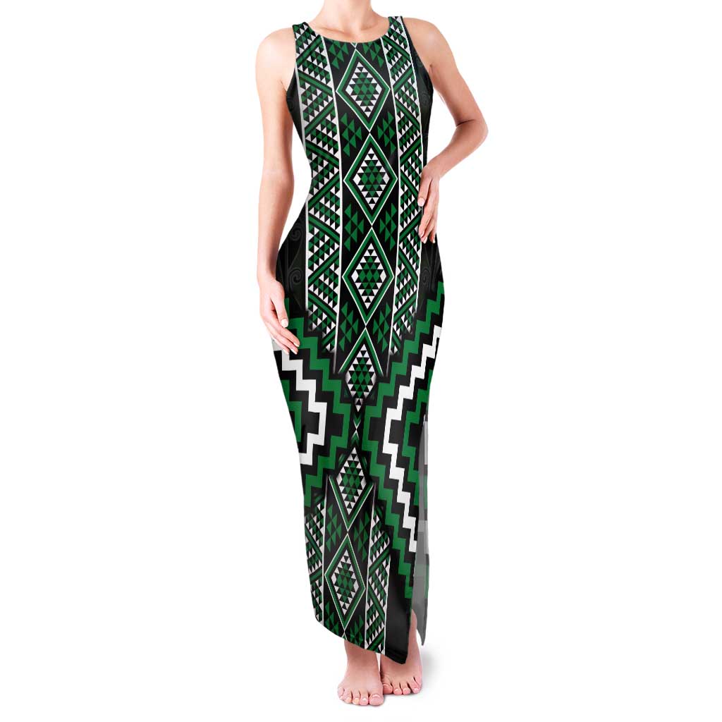 Jade Tukutuku Pattern Aotearoa Tank Maxi Dress Niho Taniwha and Puhoro Motifs LT7 Women Green - Polynesian Pride