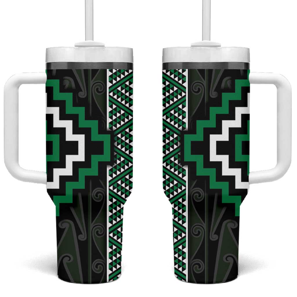 Jade Tukutuku Pattern Aotearoa Tumbler With Handle Niho Taniwha and Puhoro Motifs LT7 One Size: 40 oz Green - Polynesian Pride