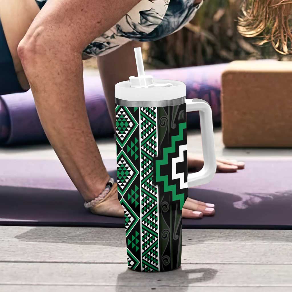 Jade Tukutuku Pattern Aotearoa Tumbler With Handle Niho Taniwha and Puhoro Motifs LT7 - Polynesian Pride