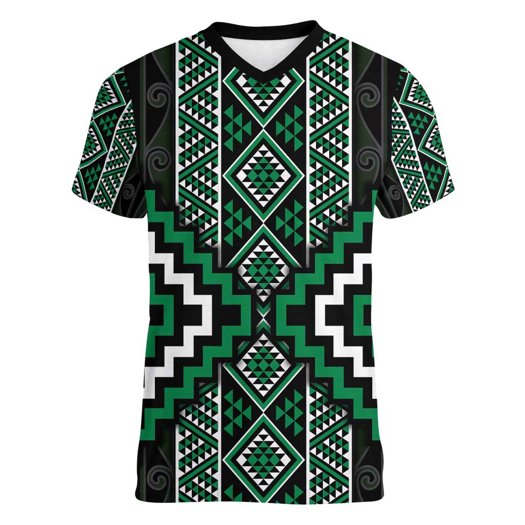 Jade Tukutuku Pattern Aotearoa Women V-Neck T-Shirt Niho Taniwha and Puhoro Motifs LT7 Female Green - Polynesian Pride