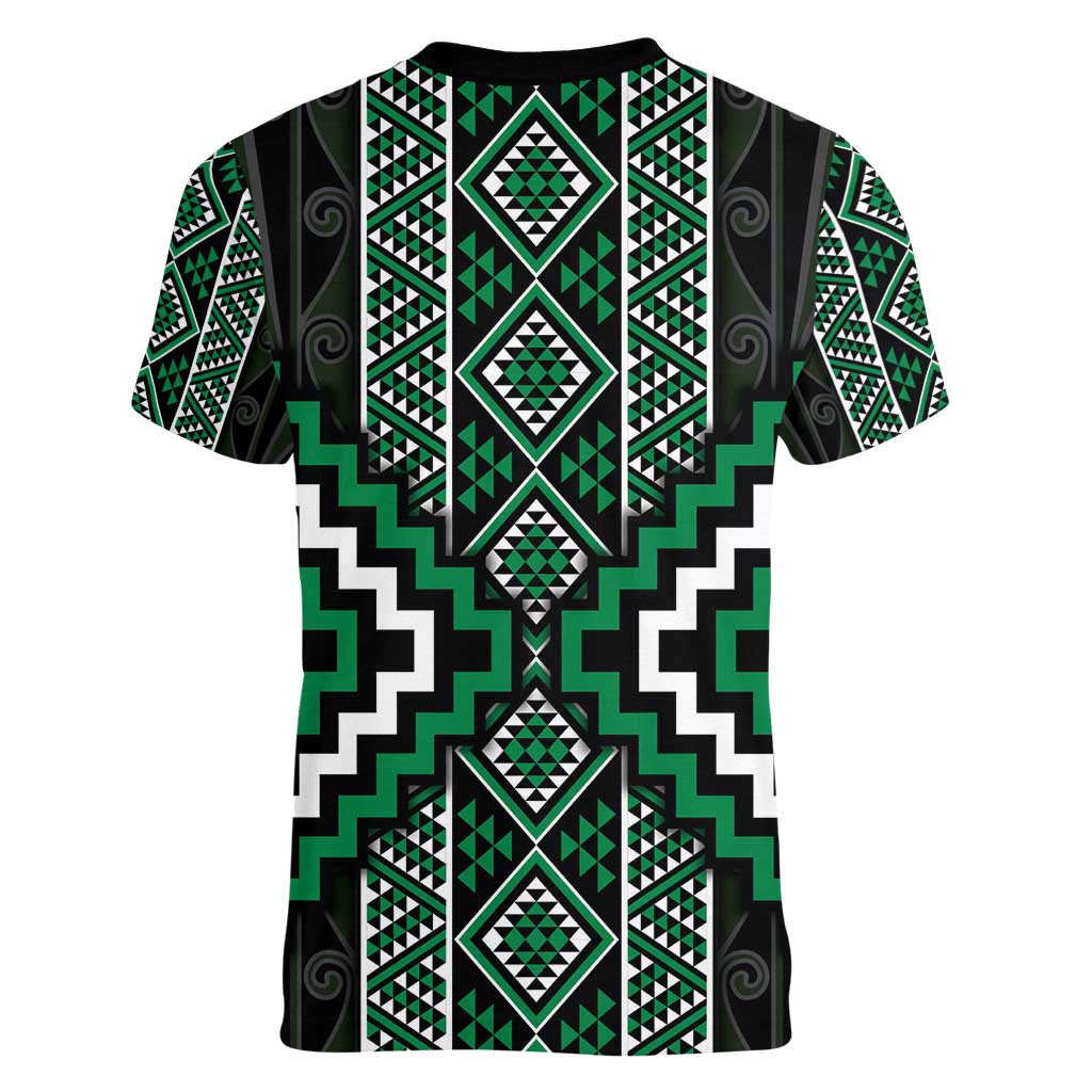 Jade Tukutuku Pattern Aotearoa Women V-Neck T-Shirt Niho Taniwha and Puhoro Motifs LT7 - Polynesian Pride