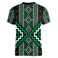 Jade Tukutuku Pattern Aotearoa Women V-Neck T-Shirt Niho Taniwha and Puhoro Motifs LT7 - Polynesian Pride
