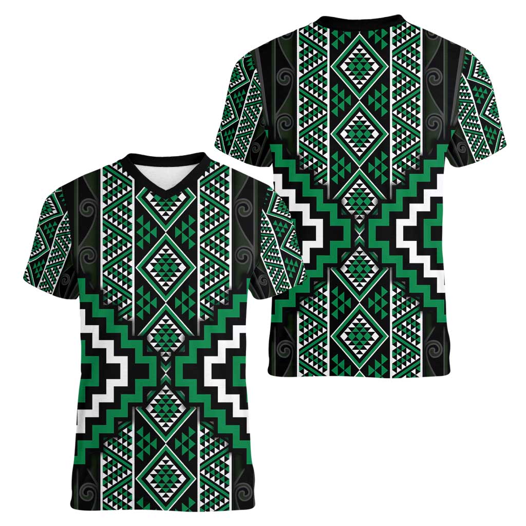 Jade Tukutuku Pattern Aotearoa Women V-Neck T-Shirt Niho Taniwha and Puhoro Motifs LT7 - Polynesian Pride