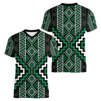 Jade Tukutuku Pattern Aotearoa Women V-Neck T-Shirt Niho Taniwha and Puhoro Motifs LT7 - Polynesian Pride
