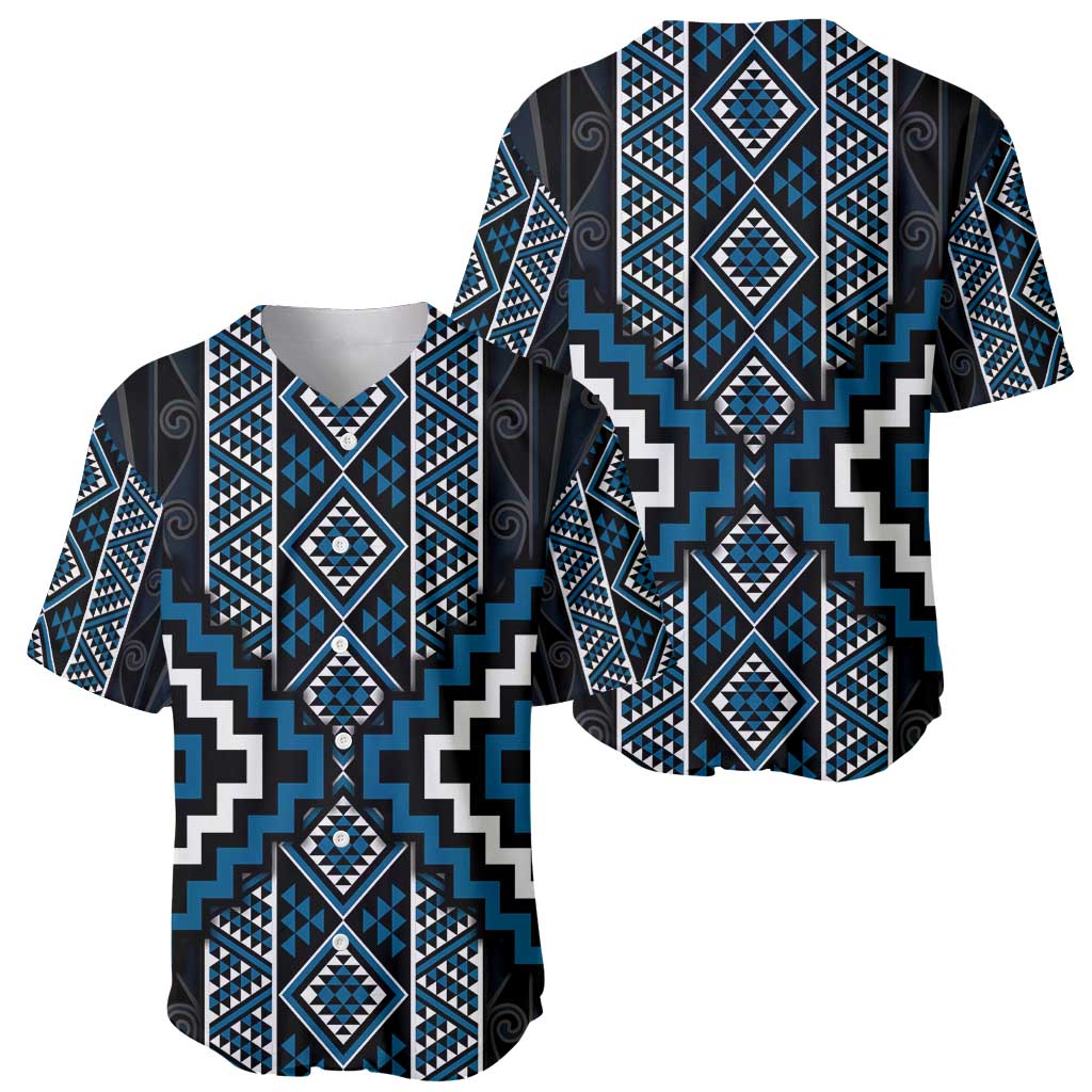 Azure Tukutuku Pattern Aotearoa Baseball Jersey Niho Taniwha and Puhoro Motifs