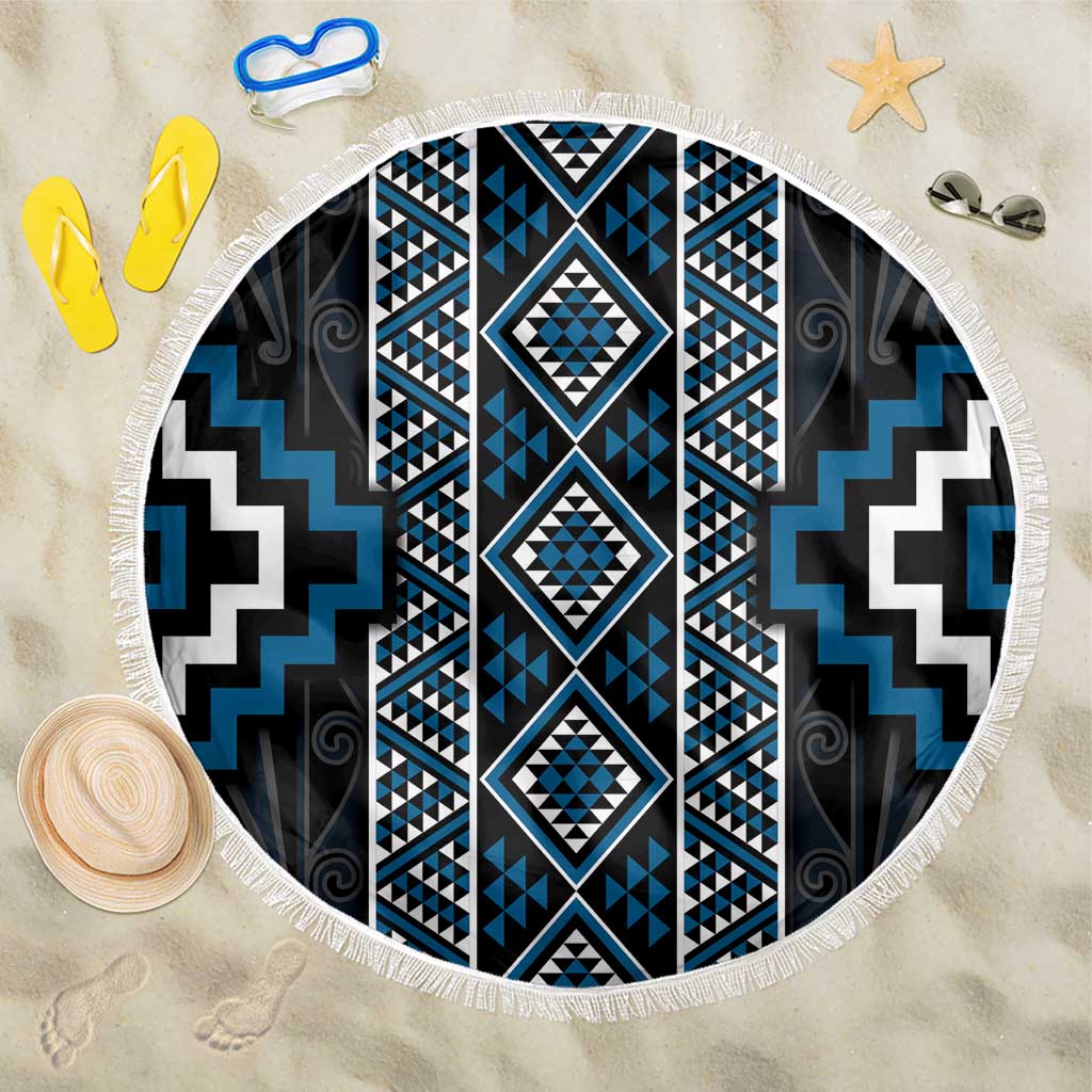 Azure Tukutuku Pattern Aotearoa Beach Blanket Niho Taniwha and Puhoro Motifs LT7 One Size 150cm Blue - Polynesian Pride
