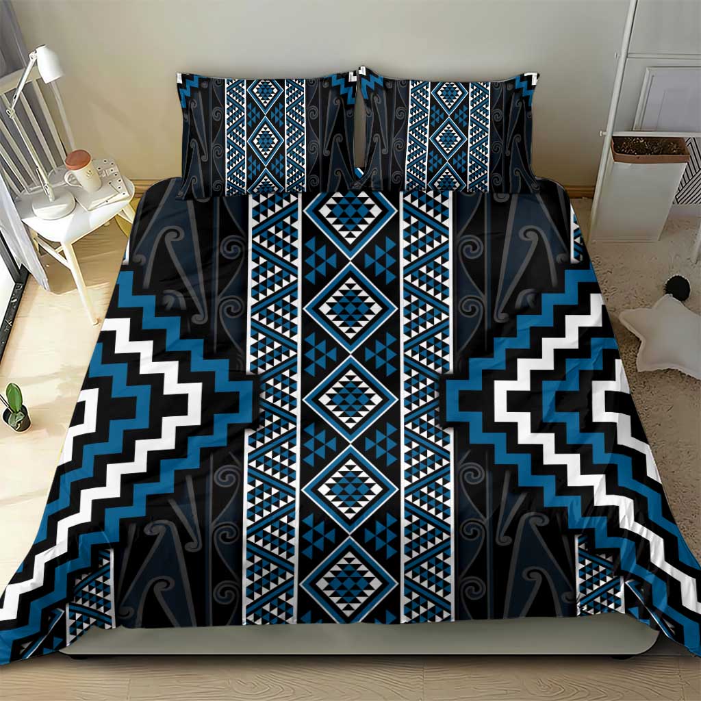 Azure Tukutuku Pattern Aotearoa Bedding Set Niho Taniwha and Puhoro Motifs