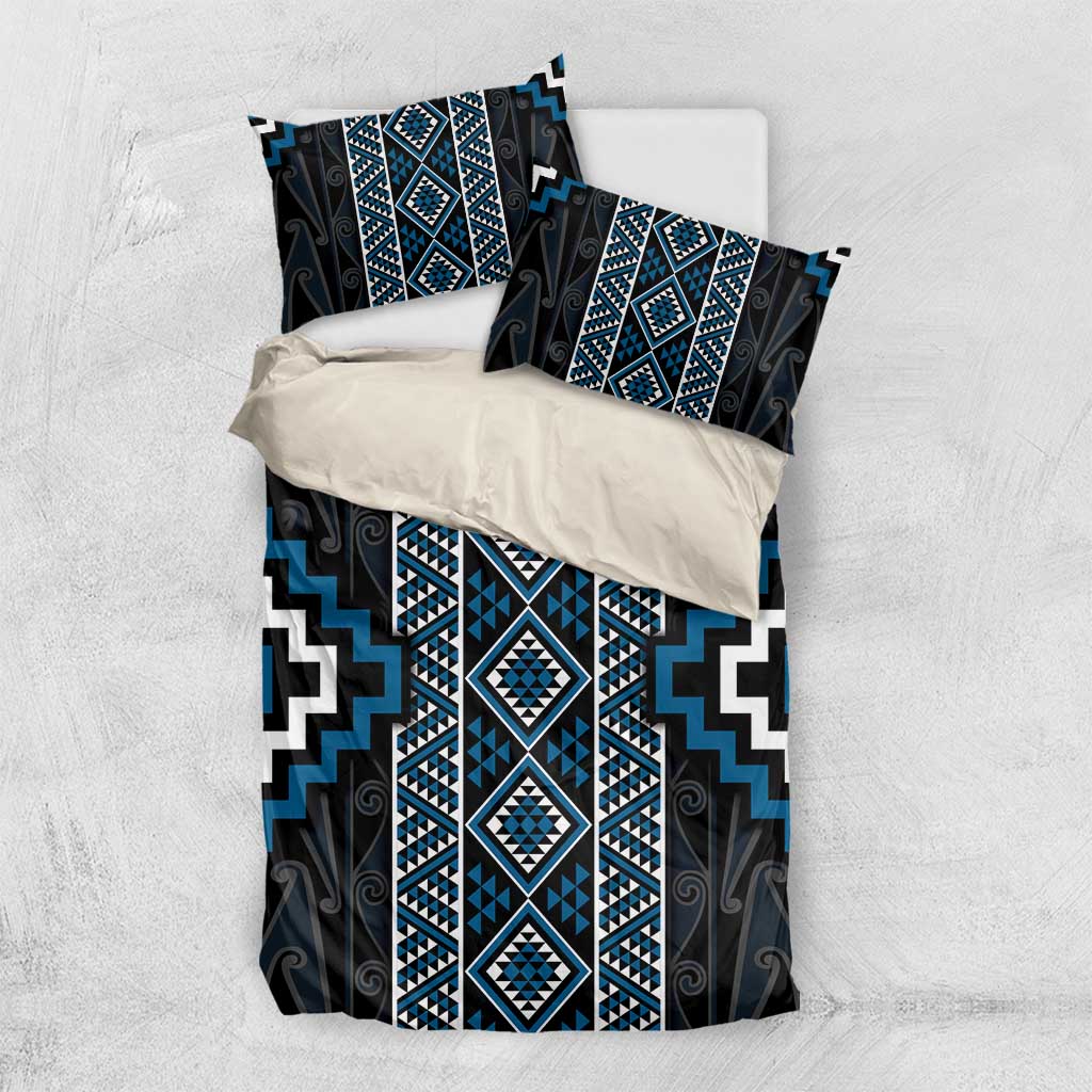 Azure Tukutuku Pattern Aotearoa Bedding Set Niho Taniwha and Puhoro Motifs