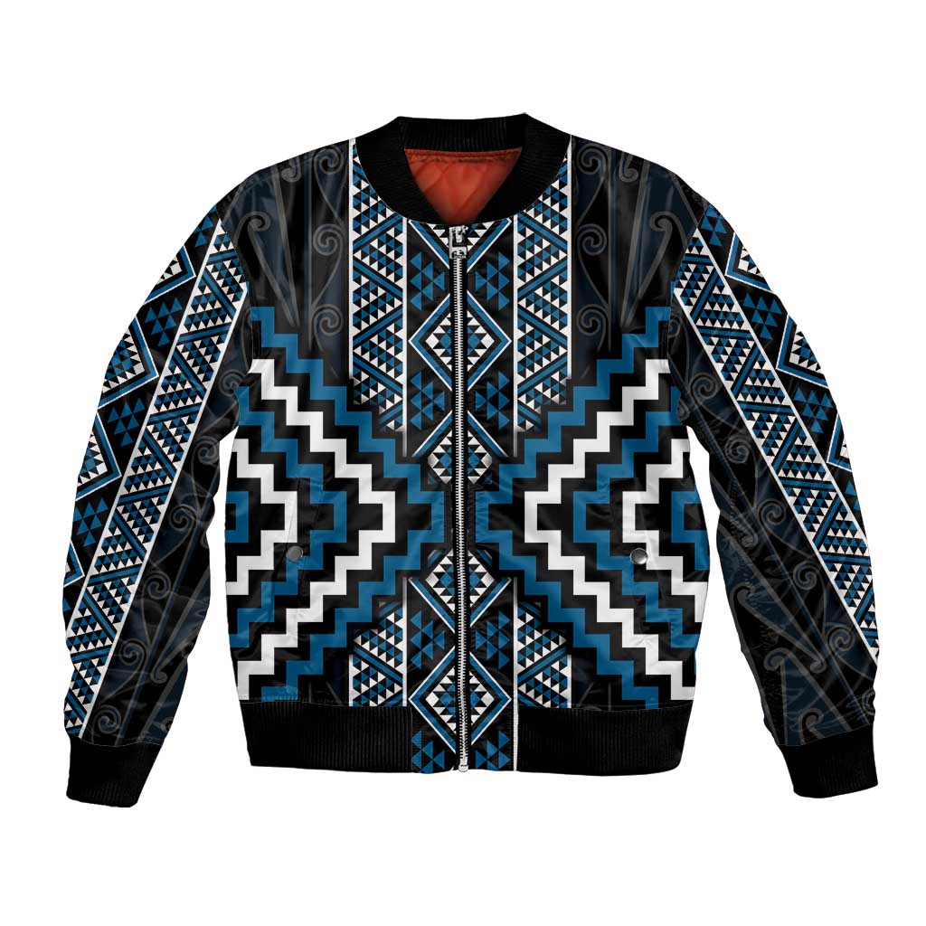 Azure Tukutuku Pattern Aotearoa Bomber Jacket Niho Taniwha and Puhoro Motifs