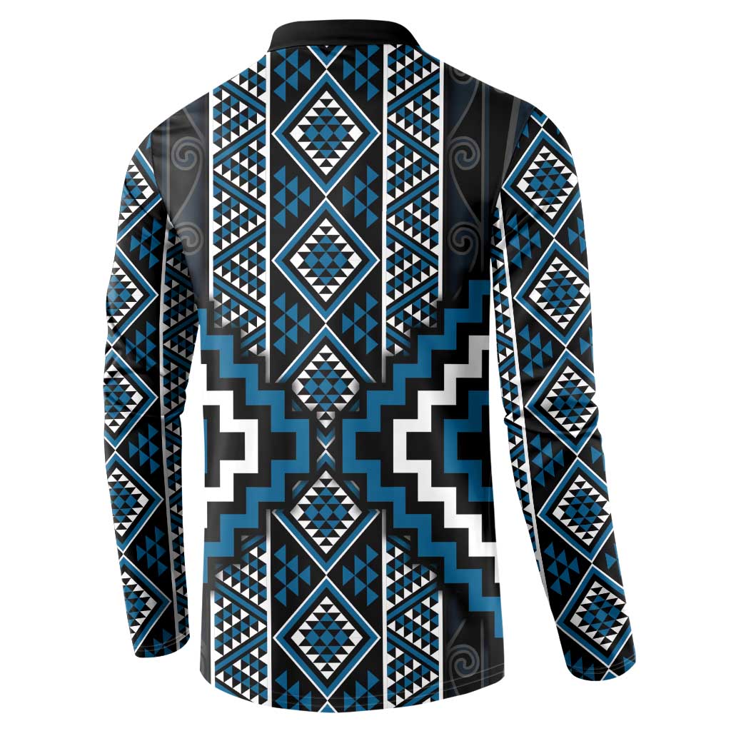 Azure Tukutuku Pattern Aotearoa Button Sweatshirt Niho Taniwha and Puhoro Motifs LT7 - Polynesian Pride
