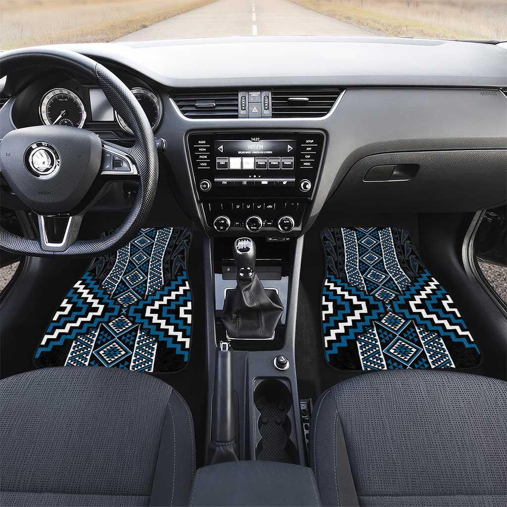 Azure Tukutuku Pattern Aotearoa Car Mats Niho Taniwha and Puhoro Motifs LT7 Set 2pcs - Front Blue - Polynesian Pride