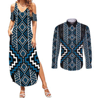 Azure Tukutuku Pattern Aotearoa Couples Matching Summer Maxi Dress and Long Sleeve Button Shirt Niho Taniwha and Puhoro Motifs