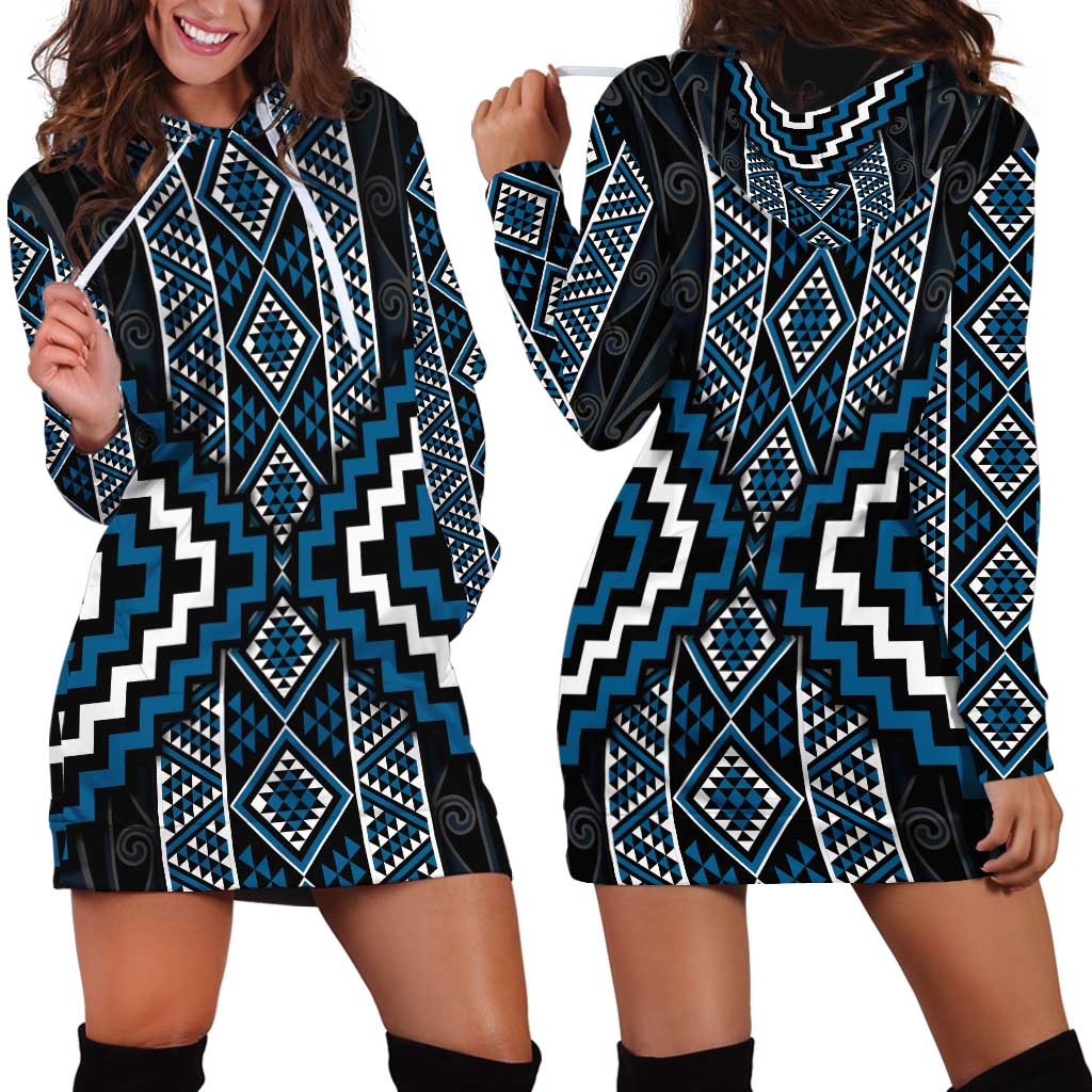 Azure Tukutuku Pattern Aotearoa Hoodie Dress Niho Taniwha and Puhoro Motifs LT7 - Polynesian Pride