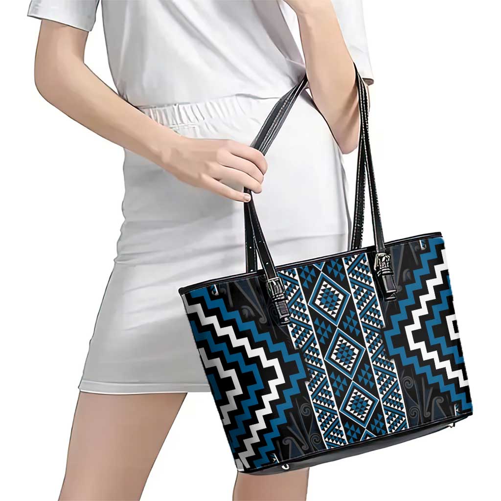 Azure Tukutuku Pattern Aotearoa Leather Tote Bag Niho Taniwha and Puhoro Motifs