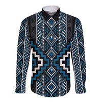 Azure Tukutuku Pattern Aotearoa Long Sleeve Button Shirt Niho Taniwha and Puhoro Motifs LT7 Unisex Blue - Polynesian Pride