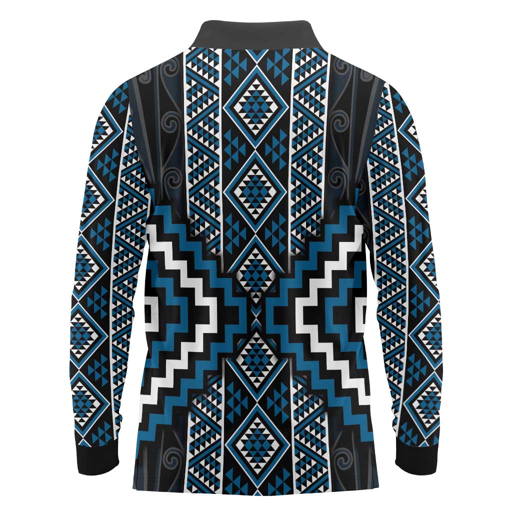 Azure Tukutuku Pattern Aotearoa Long Sleeve Polo Shirt Niho Taniwha and Puhoro Motifs