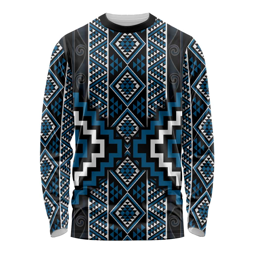 Azure Tukutuku Pattern Aotearoa Long Sleeve Shirt Niho Taniwha and Puhoro Motifs LT7 Unisex Blue - Polynesian Pride