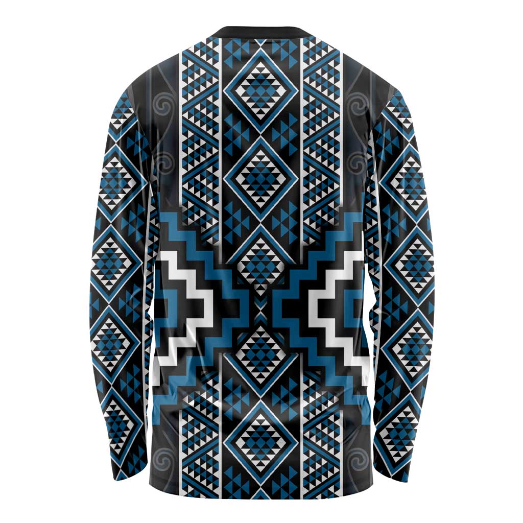 Azure Tukutuku Pattern Aotearoa Long Sleeve Shirt Niho Taniwha and Puhoro Motifs LT7 - Polynesian Pride