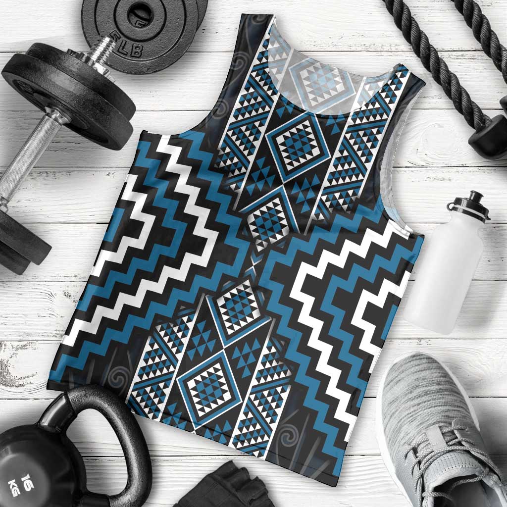 Azure Tukutuku Pattern Aotearoa Men Tank Top Niho Taniwha and Puhoro Motifs LT7 - Polynesian Pride