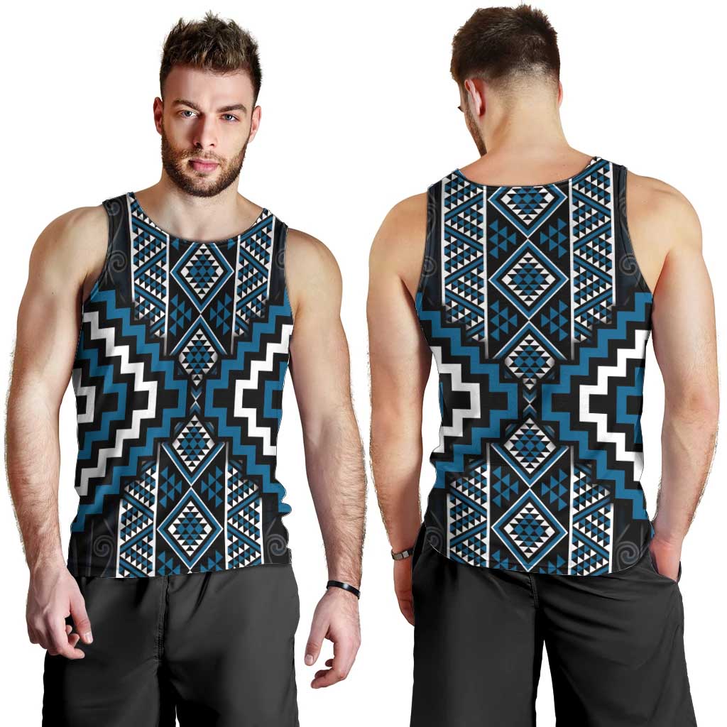 Azure Tukutuku Pattern Aotearoa Men Tank Top Niho Taniwha and Puhoro Motifs LT7 - Polynesian Pride