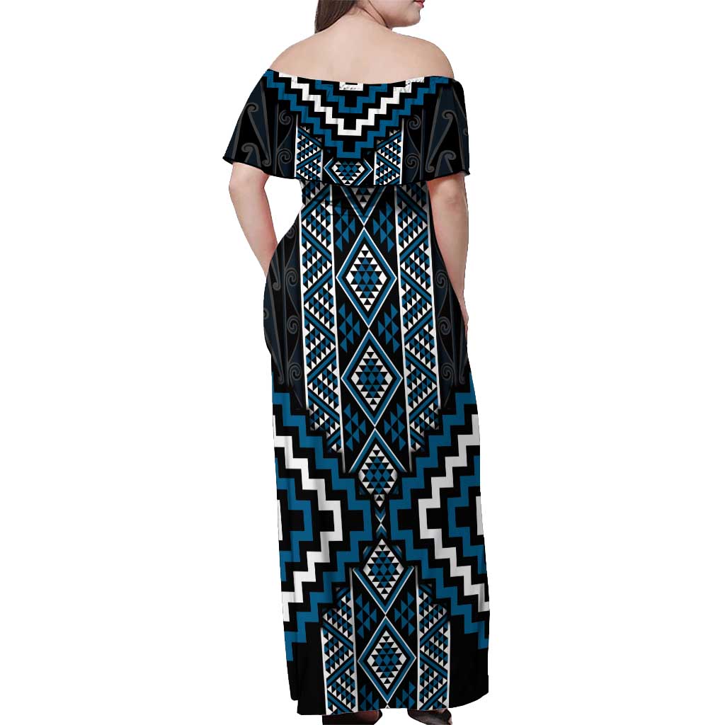 Azure Tukutuku Pattern Aotearoa Off Shoulder Maxi Dress Niho Taniwha and Puhoro Motifs LT7 - Polynesian Pride