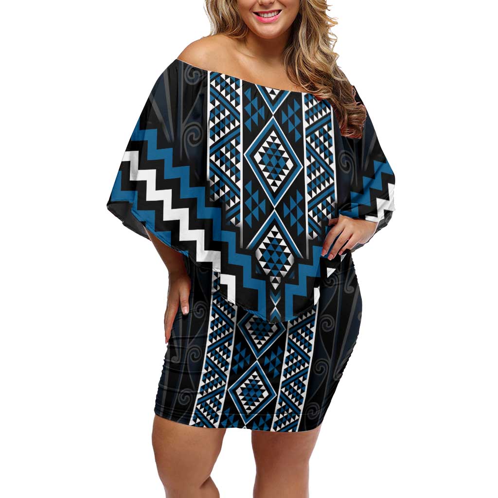 Azure Tukutuku Pattern Aotearoa Off Shoulder Short Dress Niho Taniwha and Puhoro Motifs LT7 Women Blue - Polynesian Pride