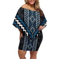 Azure Tukutuku Pattern Aotearoa Off Shoulder Short Dress Niho Taniwha and Puhoro Motifs LT7 Women Blue - Polynesian Pride