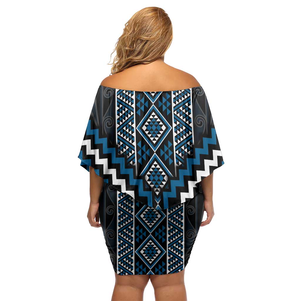Azure Tukutuku Pattern Aotearoa Off Shoulder Short Dress Niho Taniwha and Puhoro Motifs LT7 - Polynesian Pride
