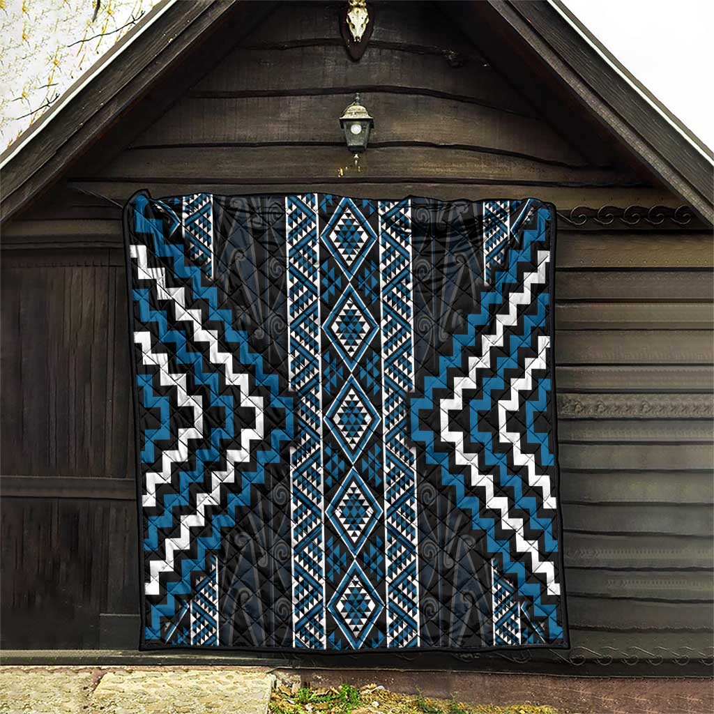 Azure Tukutuku Pattern Aotearoa Quilt Niho Taniwha and Puhoro Motifs