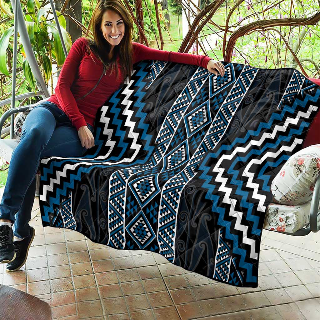 Azure Tukutuku Pattern Aotearoa Quilt Niho Taniwha and Puhoro Motifs