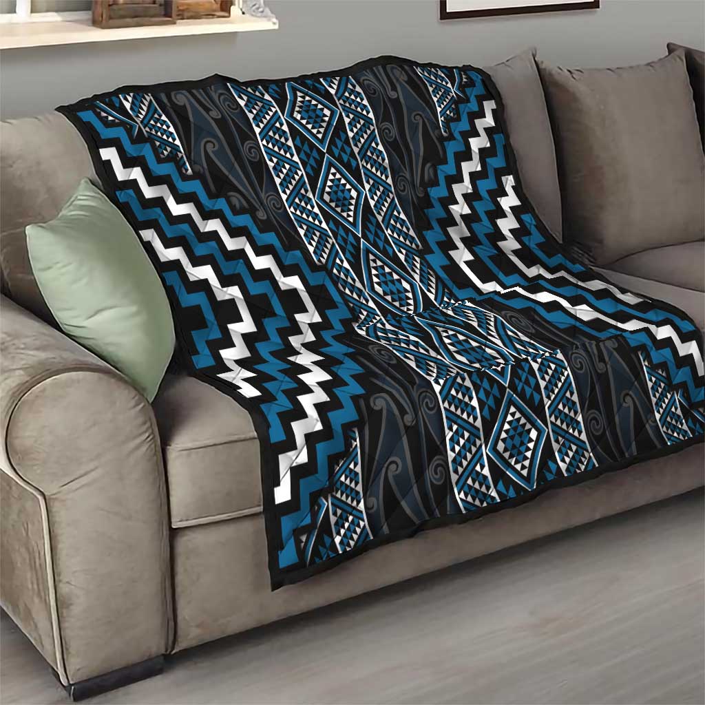 Azure Tukutuku Pattern Aotearoa Quilt Niho Taniwha and Puhoro Motifs