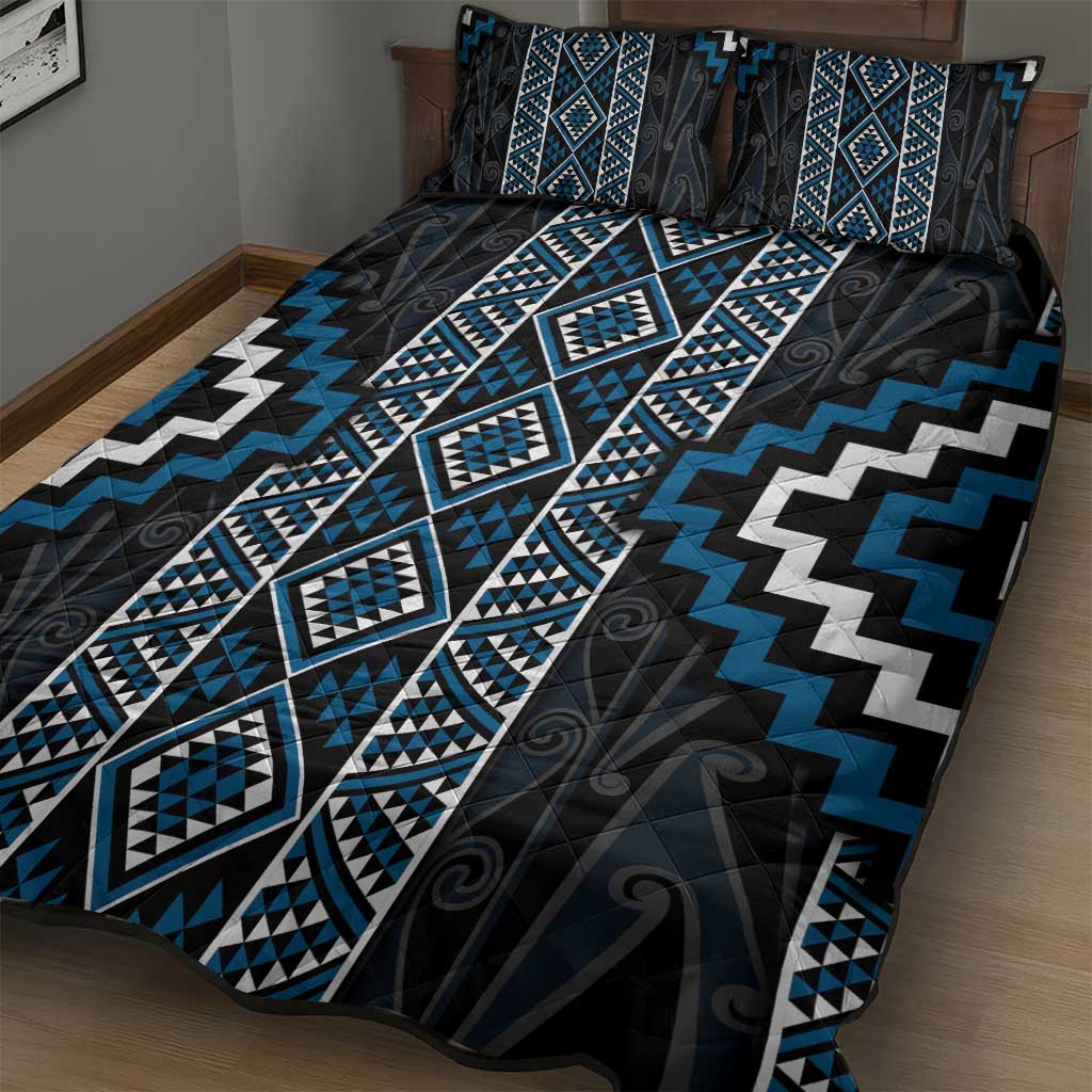 Azure Tukutuku Pattern Aotearoa Quilt Bed Set Niho Taniwha and Puhoro Motifs LT7 - Polynesian Pride
