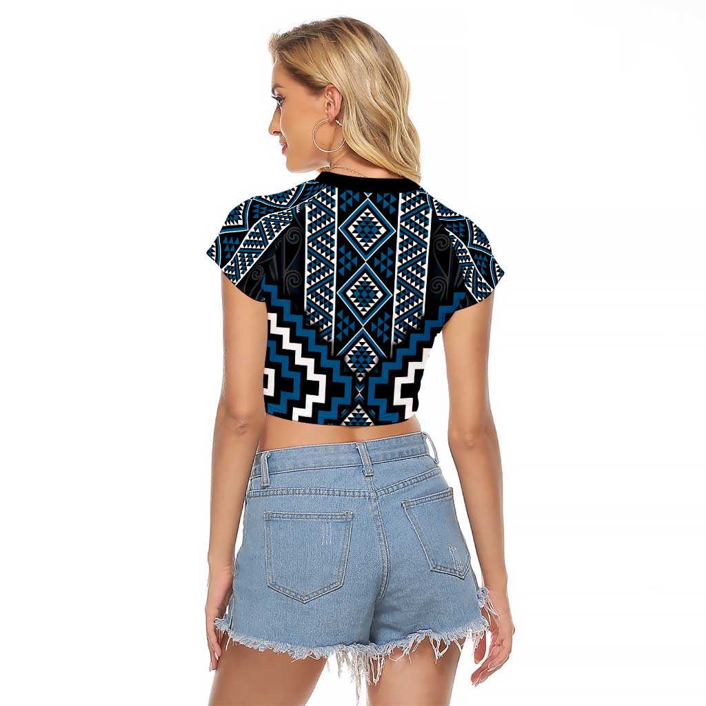 Azure Tukutuku Pattern Aotearoa Raglan Cropped T Shirt Niho Taniwha and Puhoro Motifs LT7 - Polynesian Pride
