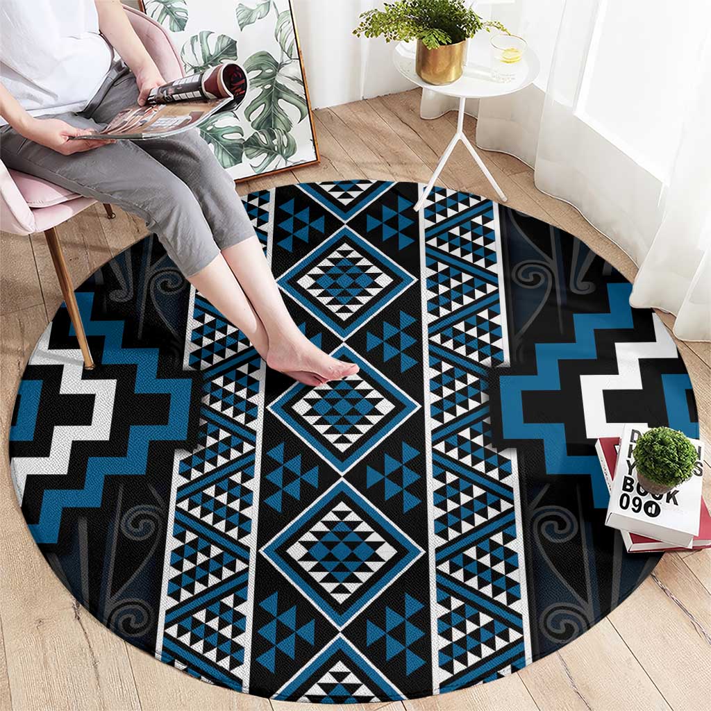 Azure Tukutuku Pattern Aotearoa Round Carpet Niho Taniwha and Puhoro Motifs