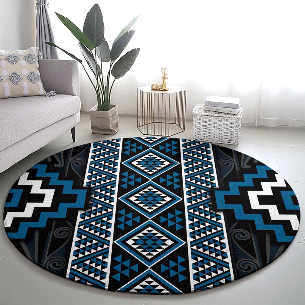 Azure Tukutuku Pattern Aotearoa Round Carpet Niho Taniwha and Puhoro Motifs