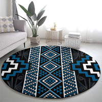 Azure Tukutuku Pattern Aotearoa Round Carpet Niho Taniwha and Puhoro Motifs