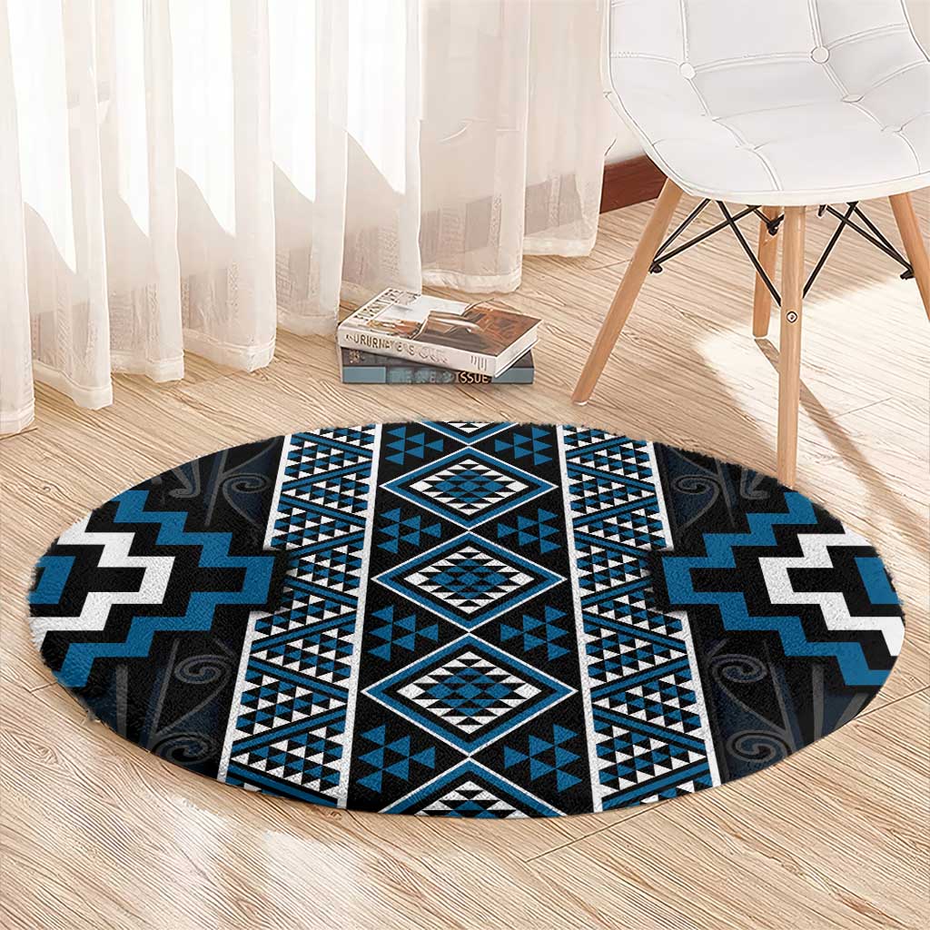 Azure Tukutuku Pattern Aotearoa Round Carpet Niho Taniwha and Puhoro Motifs