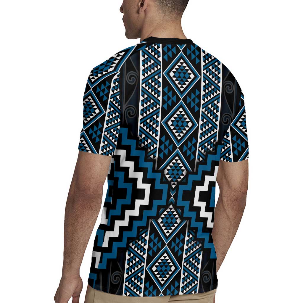 Azure Tukutuku Pattern Aotearoa Rugby Jersey Niho Taniwha and Puhoro Motifs
