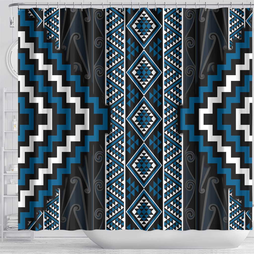 Azure Tukutuku Pattern Aotearoa Shower Curtain Niho Taniwha and Puhoro Motifs