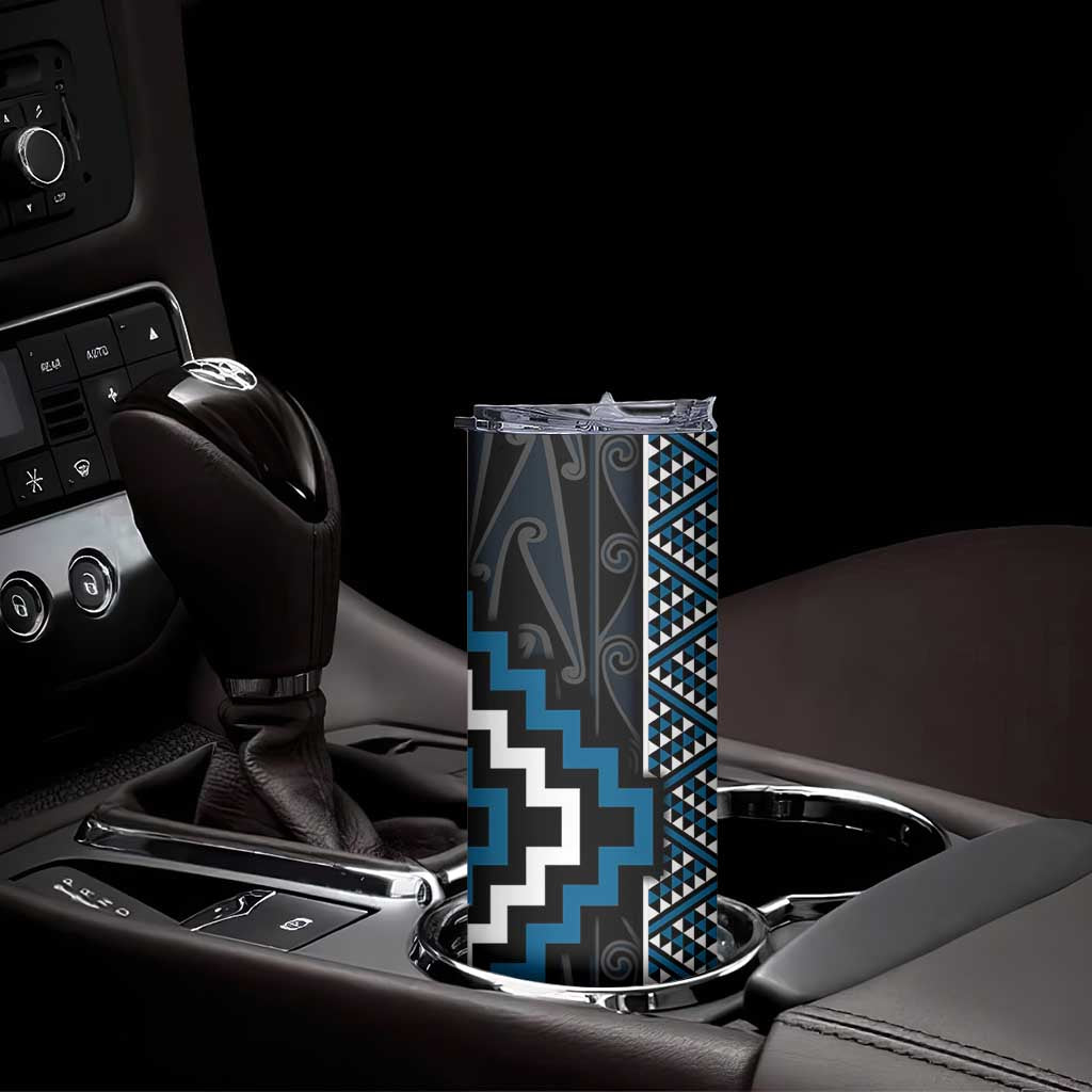 Azure Tukutuku Pattern Aotearoa Skinny Tumbler Niho Taniwha and Puhoro Motifs
