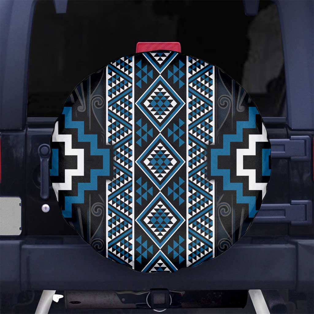 Azure Tukutuku Pattern Aotearoa Spare Tire Cover Niho Taniwha and Puhoro Motifs