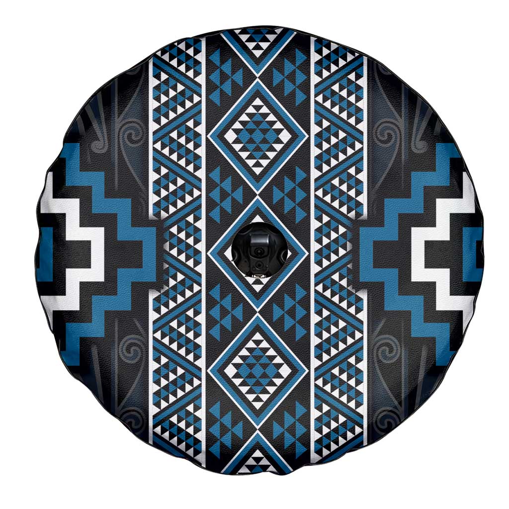 Azure Tukutuku Pattern Aotearoa Spare Tire Cover Niho Taniwha and Puhoro Motifs